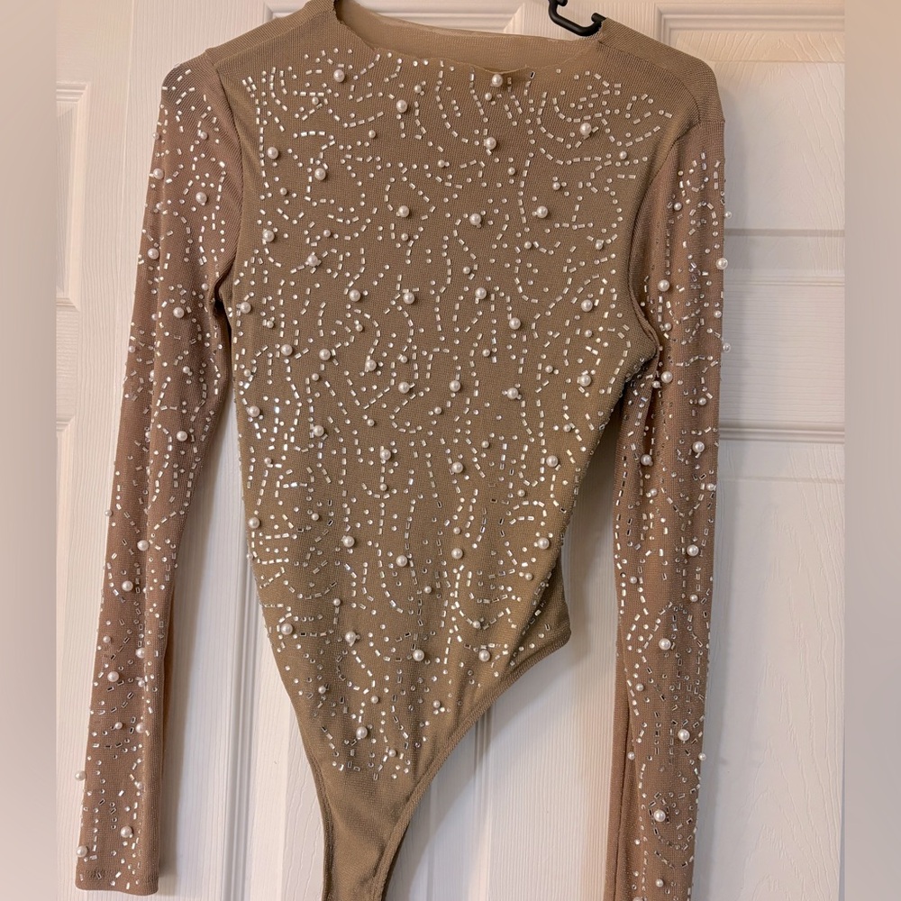 Tan Long Sleeve Bodysuit with Pearl Embellishments